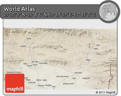 Satellite 3D Map of the Area around 25° 51' 37" N, 61° 16' 29" E