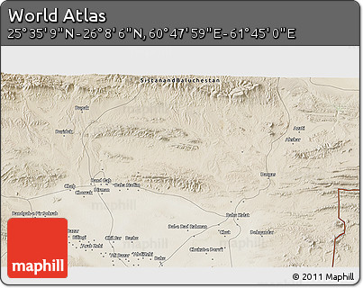 Satellite 3D Map of the Area around 25° 51' 37" N, 61° 16' 29" E