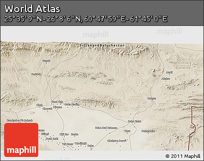 Satellite 3D Map of the Area around 25° 51' 37" N, 61° 16' 29" E