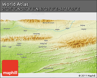 Physical 3D Map of the Area around 25° 51' 37" N, 63° 49' 30" E
