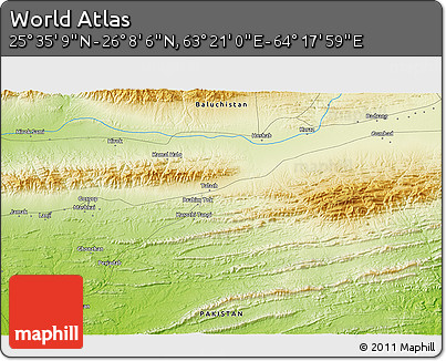 Physical 3D Map of the Area around 25° 51' 37" N, 63° 49' 30" E