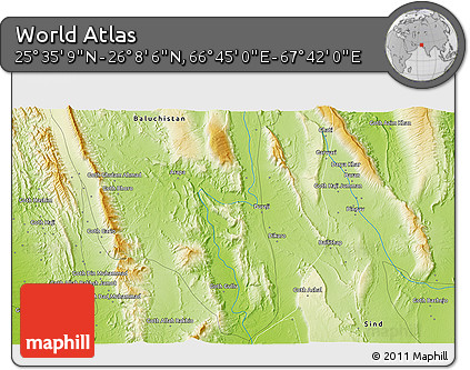 Physical 3D Map of the Area around 25° 51' 37" N, 67° 13' 29" E