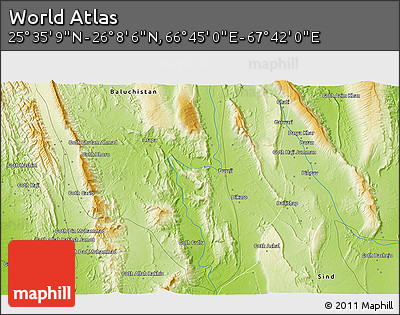 Physical 3D Map of the Area around 25° 51' 37" N, 67° 13' 29" E