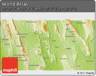 Physical 3D Map of the Area around 25° 51' 37" N, 67° 13' 29" E