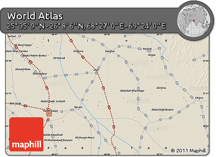 Shaded Relief Map of the Area around 25° 51' 37" N, 68° 55' 30" E