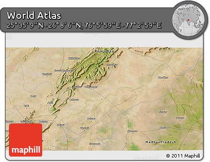 Satellite 3D Map of the Area around 25° 51' 37" N, 76° 34' 29" E