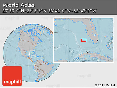 Gray Location Map of the Area around 25° 51' 37" N, 83° 13' 29" W, hill shading
