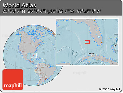 Gray Location Map of the Area around 25° 51' 37" N, 83° 13' 29" W, hill shading