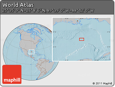 Gray Location Map of the Area around 25° 51' 37" N, 89° 10' 30" W, hill shading
