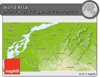 Physical 3D Map of the Area around 25° 51' 37" N, 90° 10' 30" E