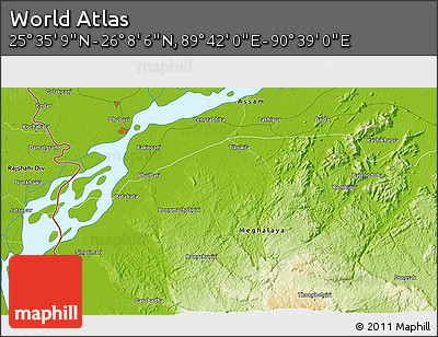 Physical 3D Map of the Area around 25° 51' 37" N, 90° 10' 30" E