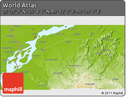 Physical 3D Map of the Area around 25° 51' 37" N, 90° 10' 30" E