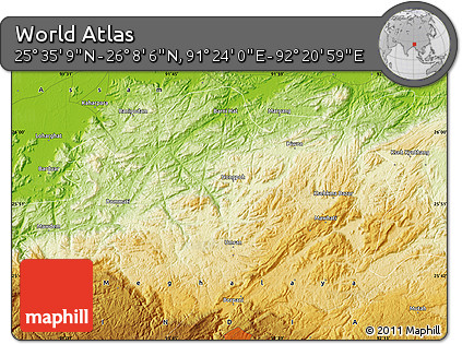 Physical Map of the Area around 25° 51' 37" N, 91° 52' 30" E