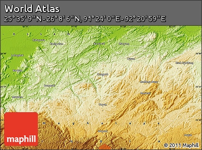 Physical Map of the Area around 25° 51' 37" N, 91° 52' 30" E