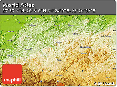 Physical Map of the Area around 25° 51' 37" N, 91° 52' 30" E