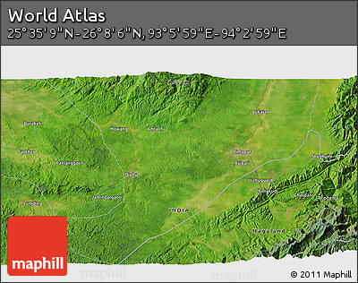 Satellite 3D Map of the Area around 25° 51' 37" N, 93° 34' 29" E