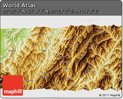 Physical 3D Map of the Area around 25° 51' 37" N, 94° 25' 30" E