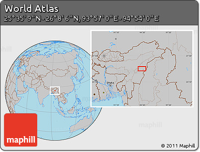 Gray Location Map of the Area around 25° 51' 37" N, 94° 25' 30" E