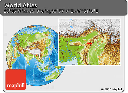 Physical Location Map of the Area around 25° 51' 37" N, 94° 25' 30" E