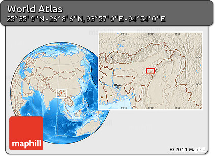 Shaded Relief Location Map of the Area around 25° 51' 37" N, 94° 25' 30" E