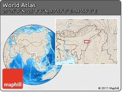 Shaded Relief Location Map of the Area around 25° 51' 37" N, 94° 25' 30" E