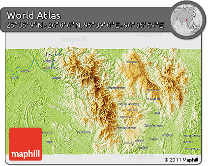 Physical 3D Map of the Area around 25° 51' 37" N, 96° 7' 30" E