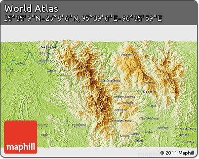 Physical 3D Map of the Area around 25° 51' 37" N, 96° 7' 30" E