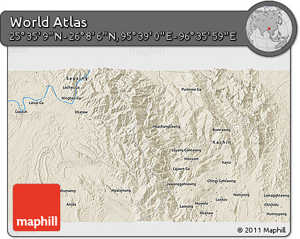 Shaded Relief 3D Map of the Area around 25° 51' 37" N, 96° 7' 30" E