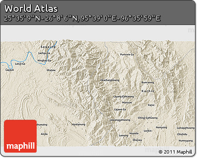 Shaded Relief 3D Map of the Area around 25° 51' 37" N, 96° 7' 30" E