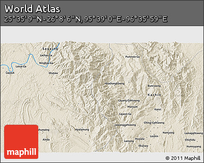 Shaded Relief 3D Map of the Area around 25° 51' 37" N, 96° 7' 30" E