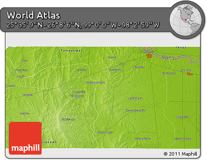 Physical 3D Map of the Area around 25° 51' 37" N, 98° 31' 30" W