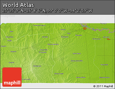 Physical 3D Map of the Area around 25° 51' 37" N, 98° 31' 30" W
