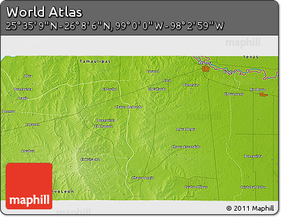 Physical 3D Map of the Area around 25° 51' 37" N, 98° 31' 30" W