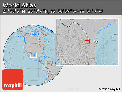 Gray Location Map of the Area around 25° 51' 37" N, 99° 22' 30" W, hill shading