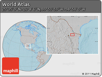 Gray Location Map of the Area around 25° 51' 37" N, 99° 22' 30" W, hill shading