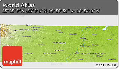 Physical Panoramic Map of the Area around 25° 51' 37" N, 99° 22' 30" W