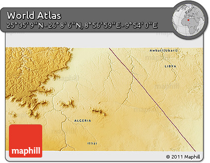 Physical 3D Map of the Area around 25° 51' 37" N, 9° 25' 30" E