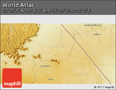 Physical 3D Map of the Area around 25° 51' 37" N, 9° 25' 30" E