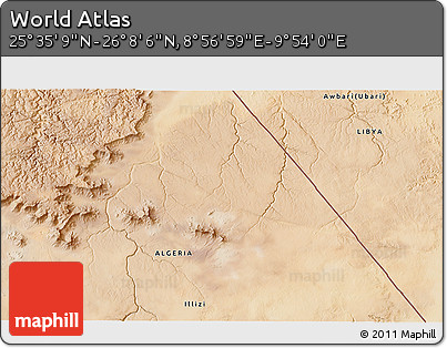 Satellite 3D Map of the Area around 25° 51' 37" N, 9° 25' 30" E