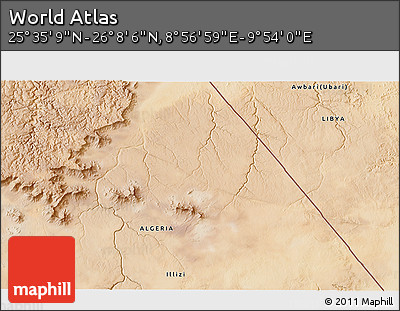 Satellite 3D Map of the Area around 25° 51' 37" N, 9° 25' 30" E