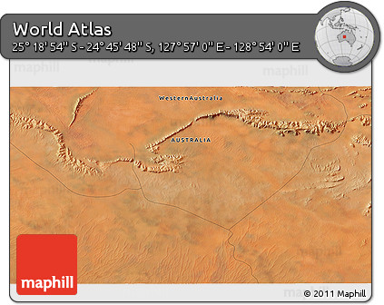 Satellite 3D Map of the Area around 25° 2' 21" S, 128° 25' 30" E