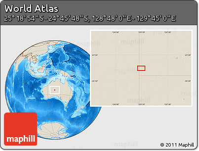 Shaded Relief Location Map of the Area around 25° 2' 21" S, 129° 16' 30" E