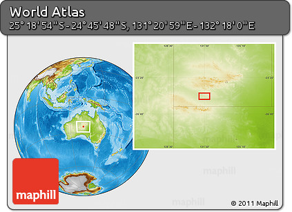 Physical Location Map of the Area around 25° 2' 21" S, 131° 49' 29" E