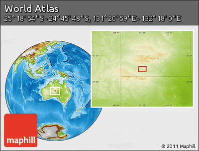Physical Location Map of the Area around 25° 2' 21" S, 131° 49' 29" E