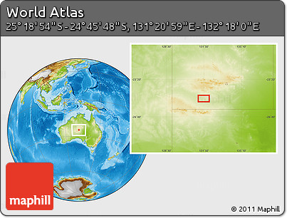 Physical Location Map of the Area around 25° 2' 21" S, 131° 49' 29" E