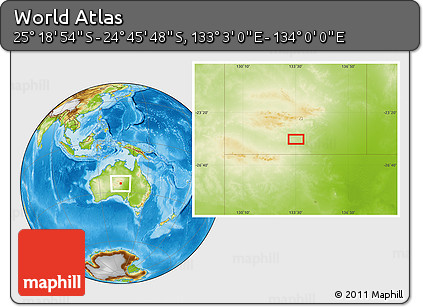 Physical Location Map of the Area around 25° 2' 21" S, 133° 31' 30" E