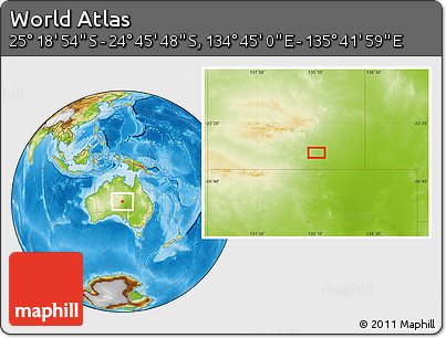 Physical Location Map of the Area around 25° 2' 21" S, 135° 13' 29" E