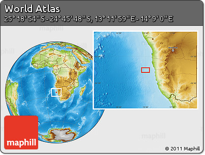 Physical Location Map of the Area around 25° 2' 21" S, 13° 40' 30" E