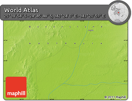 Physical Map of the Area around 25° 2' 21" S, 142° 52' 30" E