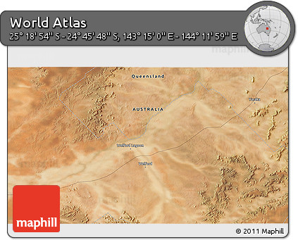 Satellite 3D Map of the Area around 25° 2' 21" S, 143° 43' 29" E